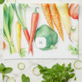 Watercolor vegetables pattern monogrammed キッチンタオル (折り畳み)