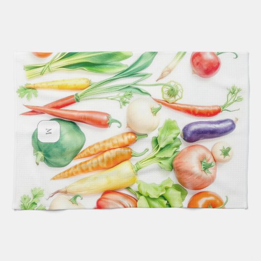 Watercolor vegetables pattern monogrammed キッチンタオル (横)