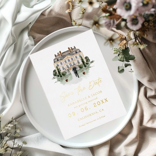 Watercolor Venue Wedding Save the Date 箔招待状