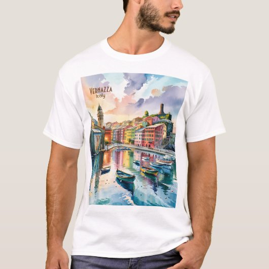 Watercolor Vernazza Cinque Terre Italy Colorful Tシャツ (正面)