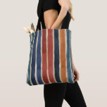 Watercolor Vertical Stripes Brick Rust Teal Navy  トートバッグ<br><div class="desc">Watercolor stripes in earthy shades of brick,  rust,  teal,  and navy with faux gold stripes between them decorate this reusable tote bag. Great for hauling your summer time gear or for grocery shopping all year.  AI generated by IveyCottage.</div>