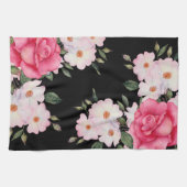 Watercolor Vibrant Pink White Roses Modern Black キッチンタオル (横)