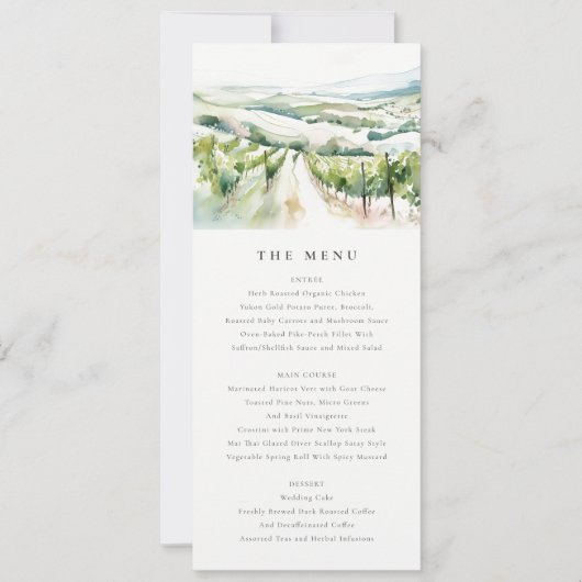 Watercolor Vineyard Landscape Wedding Menu Card 招待状 (正面)