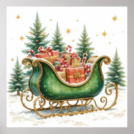 Watercolor Vintage Christmas Sleigh ポスター