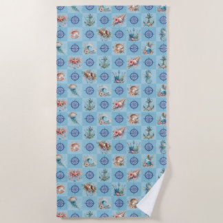 Watercolor Vintage Nautical Ocean Life ビーチタオル