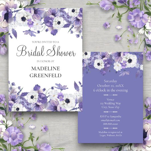Watercolor Violet Flowers Wedding Bridal Shower 招待状