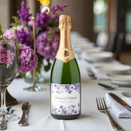 Watercolor Violet Purple Flowers Wedding スパークリングワインラベル