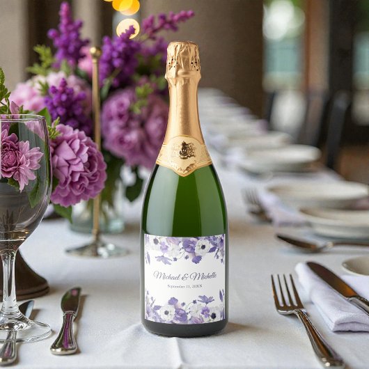 Watercolor Violet Purple Flowers Wedding スパークリングワインラベル