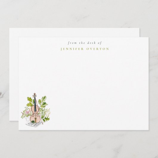 Watercolor Violin & Greenery Personalized ノートカード (正面/裏面)