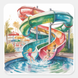 Watercolor Waterslide Kids Birthday Party スクエアシール