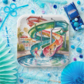 Watercolor Waterslide Kids Birthday Party ペーパープレート (パーティー)
