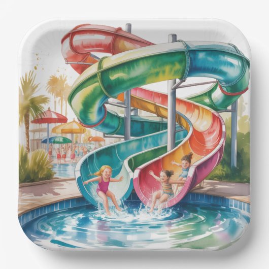 Watercolor Waterslide Kids Birthday Party ペーパープレート (正面)