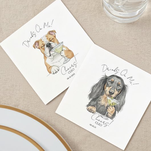 Watercolor Wedding Dog Drinks On Me スタンダードカクテルナプキン