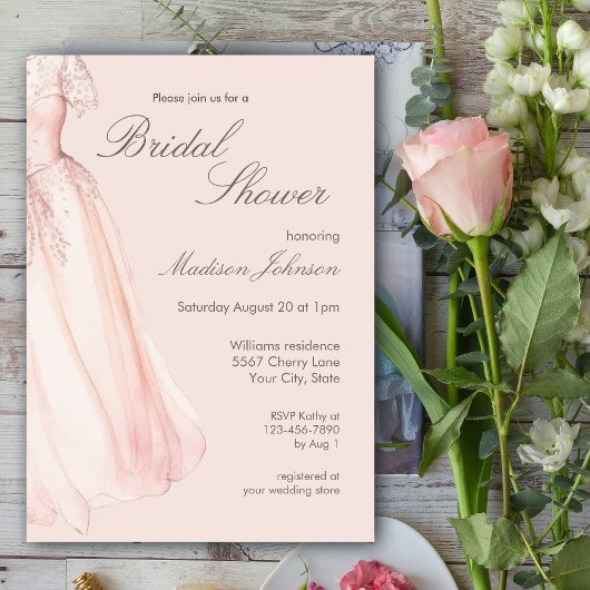 Watercolor Wedding Dress Blush Pink Bridal Shower 招待状