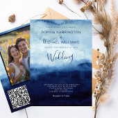 Watercolor Wedding Invitation QR Code Navy Blue  招待状