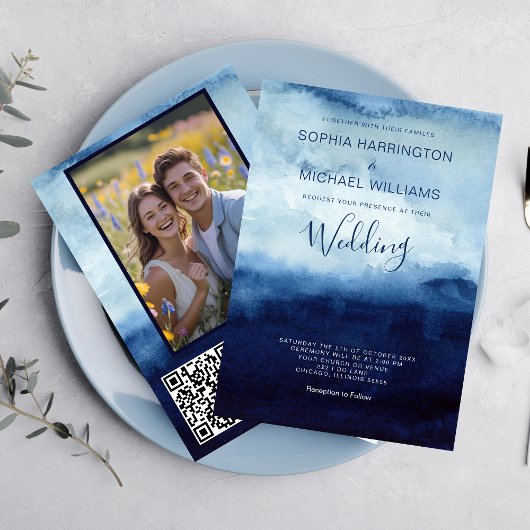 Watercolor Wedding Invitation QR Code Navy Blue  招待状