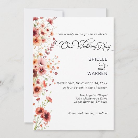Watercolor Wedding Invitation Wild Flowers 招待状 (正面)