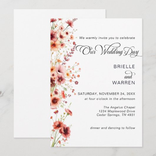 Watercolor Wedding Invitation Wild Flowers 招待状 (正面/裏面)