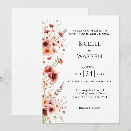 Watercolor Wedding Invitation with Wild Flowers 招待状 (正面/裏面)