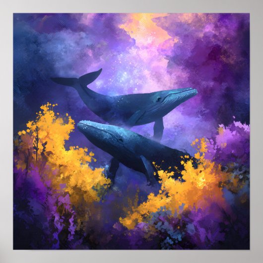 Watercolor Whales Abstract Ocean Garden ポスター (正面)