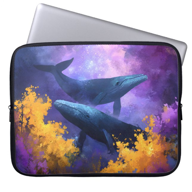 Watercolor Whales Abstract Ocean Garden ラップトップスリーブ (正面)
