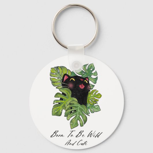 Watercolor Whimsical Black Cat And Monstera キーホルダー (正面)