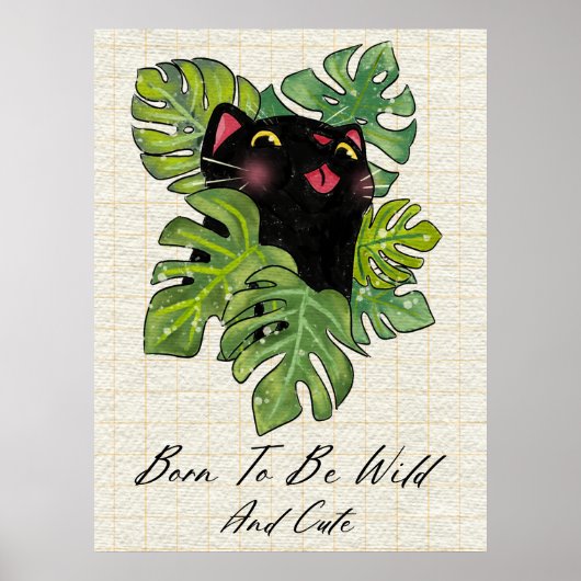 Watercolor Whimsical Black Cat And Monstera Leaves ポスター (正面)