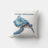 Watercolor Whimsical Blue Sea Turtle クッション (正面)