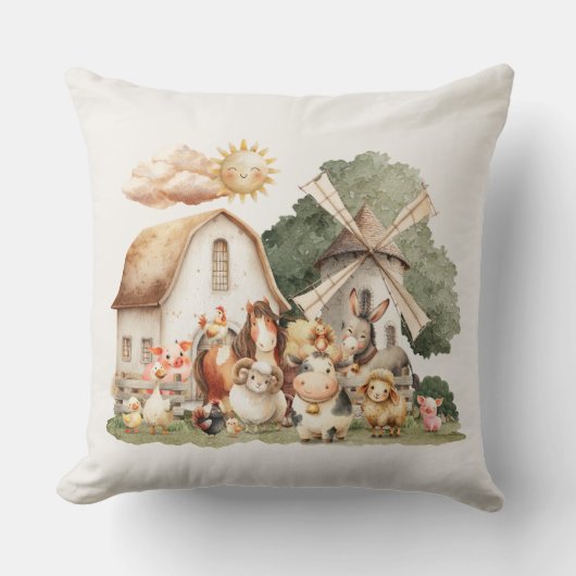 Watercolor Whimsical Farm Animals クッション (正面)