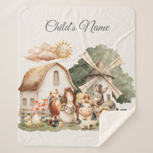 Watercolor Whimsical Farm Animals シェルパブランケット (正面)