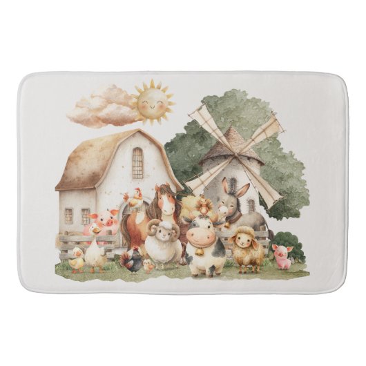 Watercolor Whimsical Farm Animals バスマット (正面)