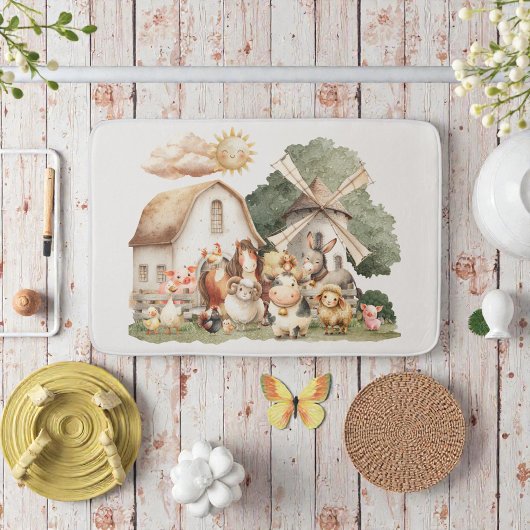 Watercolor Whimsical Farm Animals バスマット