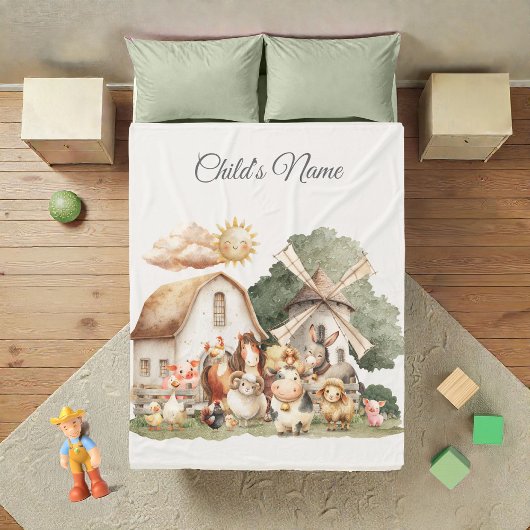 Watercolor Whimsical Farm Animals フリースブランケット