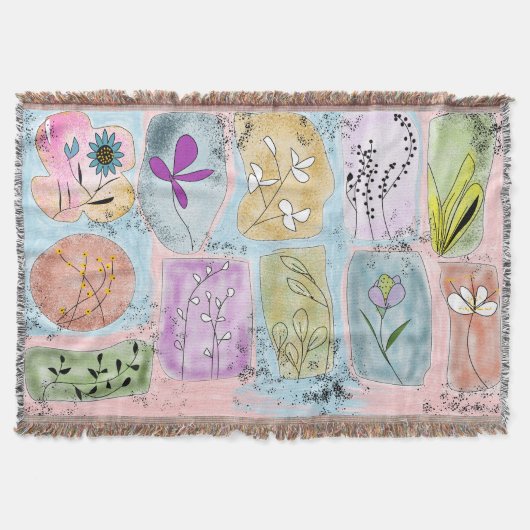 Watercolor Whimsical Flowery Doodle Throw Blanket スローブランケット (正面)