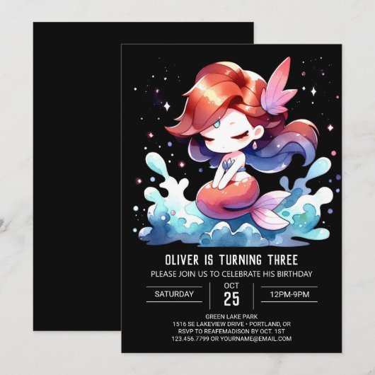 Watercolor Whimsical Mermaid Birthday 招待状 (正面/裏面)