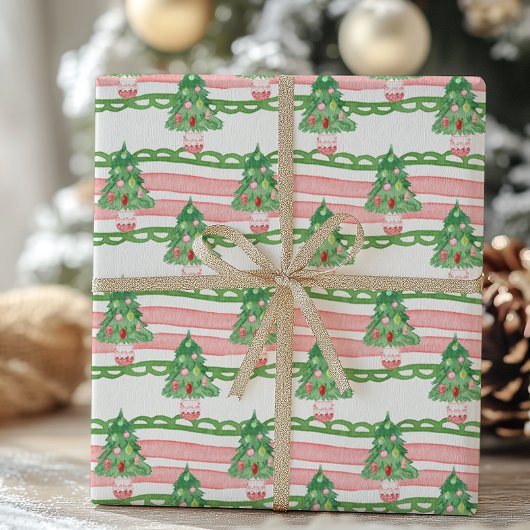 Watercolor Whimsical Striped Christmas Trees ラッピングペーパー