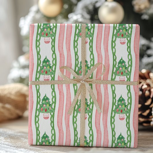 Watercolor Whimsical Striped Christmas Trees ラッピングペーパー