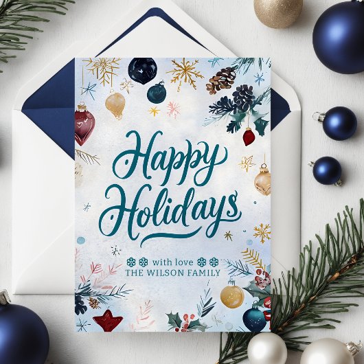 Watercolor Whimsy Festive Ornaments Christmas シーズンカード