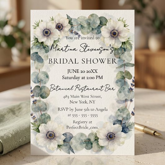Watercolor White Anemone Eucalyptus Bridal Shower 招待状