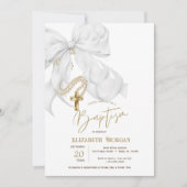 Watercolor White Bow Pearls Cross Baptism 招待状 (正面)