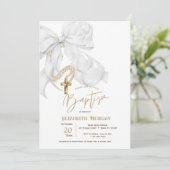 Watercolor White Bow Pearls Cross Baptism 招待状 (スタンド正面)