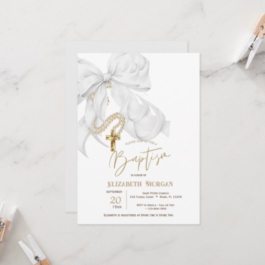 Watercolor White Bow Pearls Cross Baptism 招待状 (正面/裏面インサイチュ)