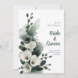 Watercolor White Calla Lily Sage Green Minimalist  招待状