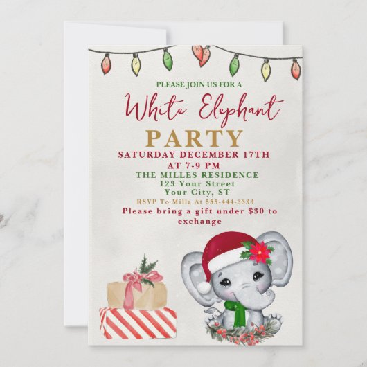 Watercolor White Elephant Gift Exchange Party 招待状 (正面)
