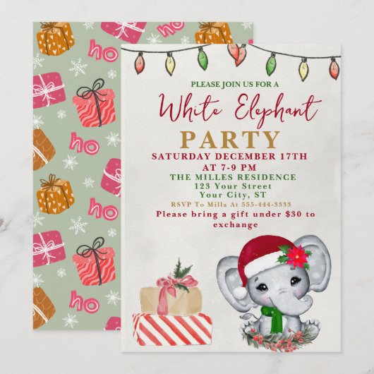 Watercolor White Elephant Gift Exchange Party 招待状 (正面/裏面)
