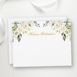 Watercolor White Floral Roses Gold Personalized ノートカード