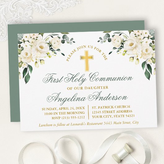 Watercolor White Floral Sage Green Gold Communion 招待状