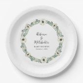 Watercolor White Floral wreath baby shower ペーパープレート (正面)