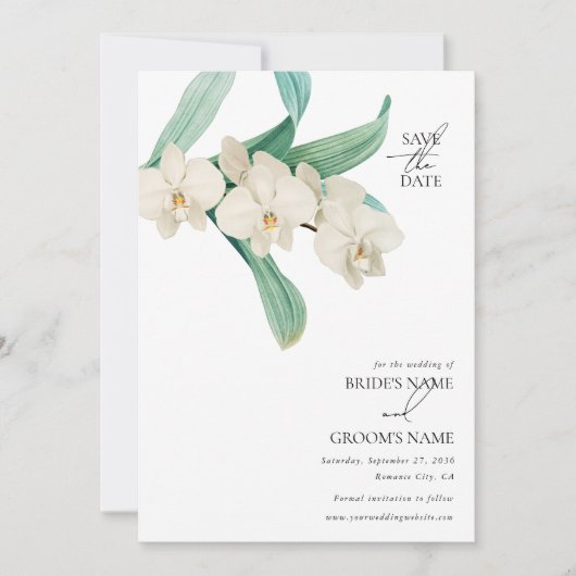 Watercolor White Orchids Floral Wedding セーブザデート (正面)