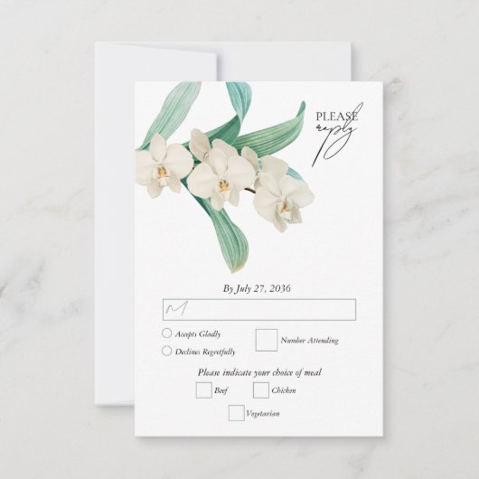 Watercolor White Orchids Floral Wedding 出欠カード (正面)